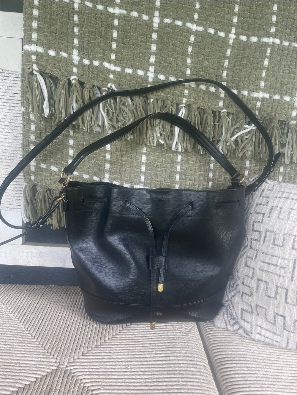 Ralph Lauren Black Leather Drawstring Shoulder Bag